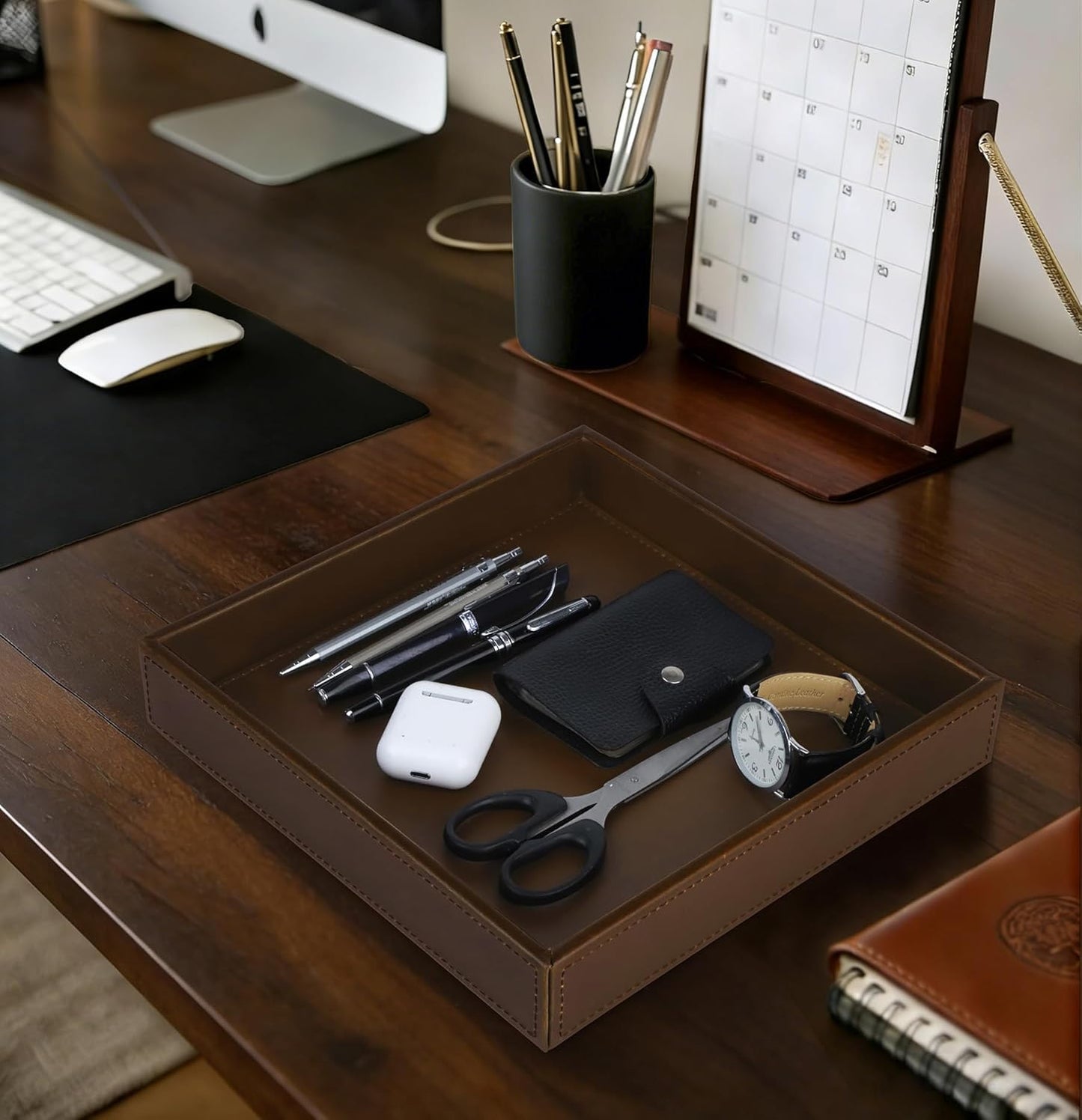HofferRuffer Faux Leather Vanity Tray, Elegant Desktop Storage Organizer, Decorative Catchall for Perfume, Bathroom Valet, Nightstand or Dresser, Black, 10.2 x 8.4 x 1.8 Inches