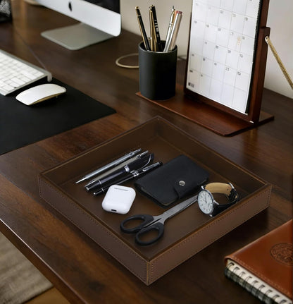 HofferRuffer Faux Leather Vanity Tray, Elegant Desktop Storage Organizer, Decorative Catchall for Perfume, Bathroom Valet, Nightstand or Dresser, Black, 10.2 x 8.4 x 1.8 Inches
