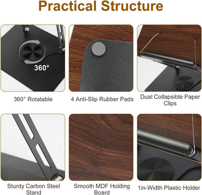 Book Stand for Reading, Adjustable Book Holder with 360° Rotating Bases, Foldable Designs, and Elastic Clips, Multifunctional Display Stand for Recipe, Cookbooks, Magazines, Tablets, Laptops