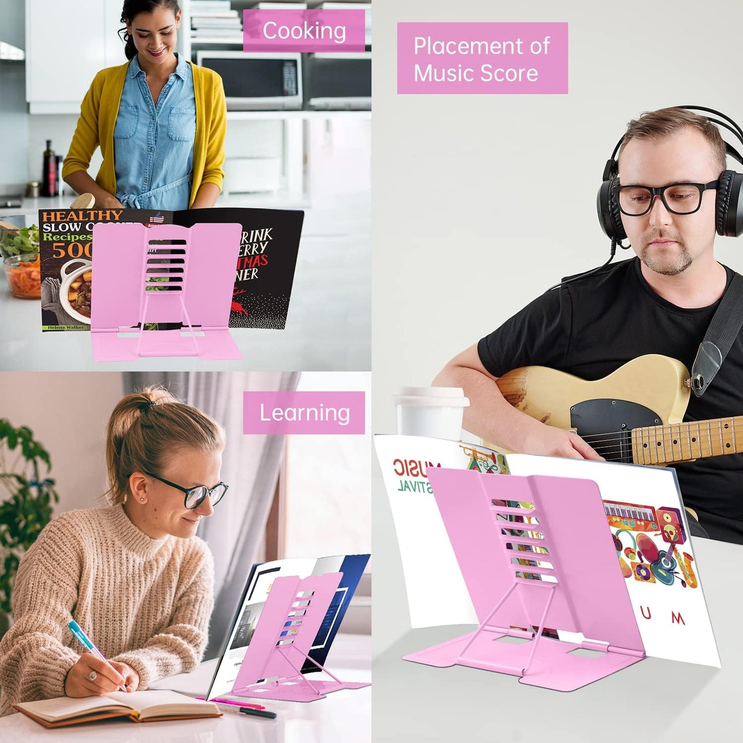 Honagu Metal Desk Book Holder, Hands Free Adjustable Cookbook & Document Holder, Portable Bookstand for Music Books, Textbooks, Recipes, Tablets & iPads (Purple)