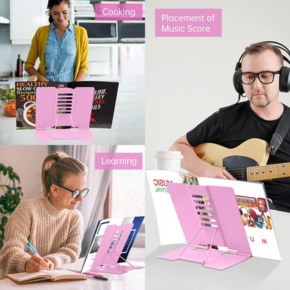 Honagu Metal Desk Book Holder, Hands Free Adjustable Cookbook & Document Holder, Portable Bookstand for Music Books, Textbooks, Recipes, Tablets & iPads (Purple)