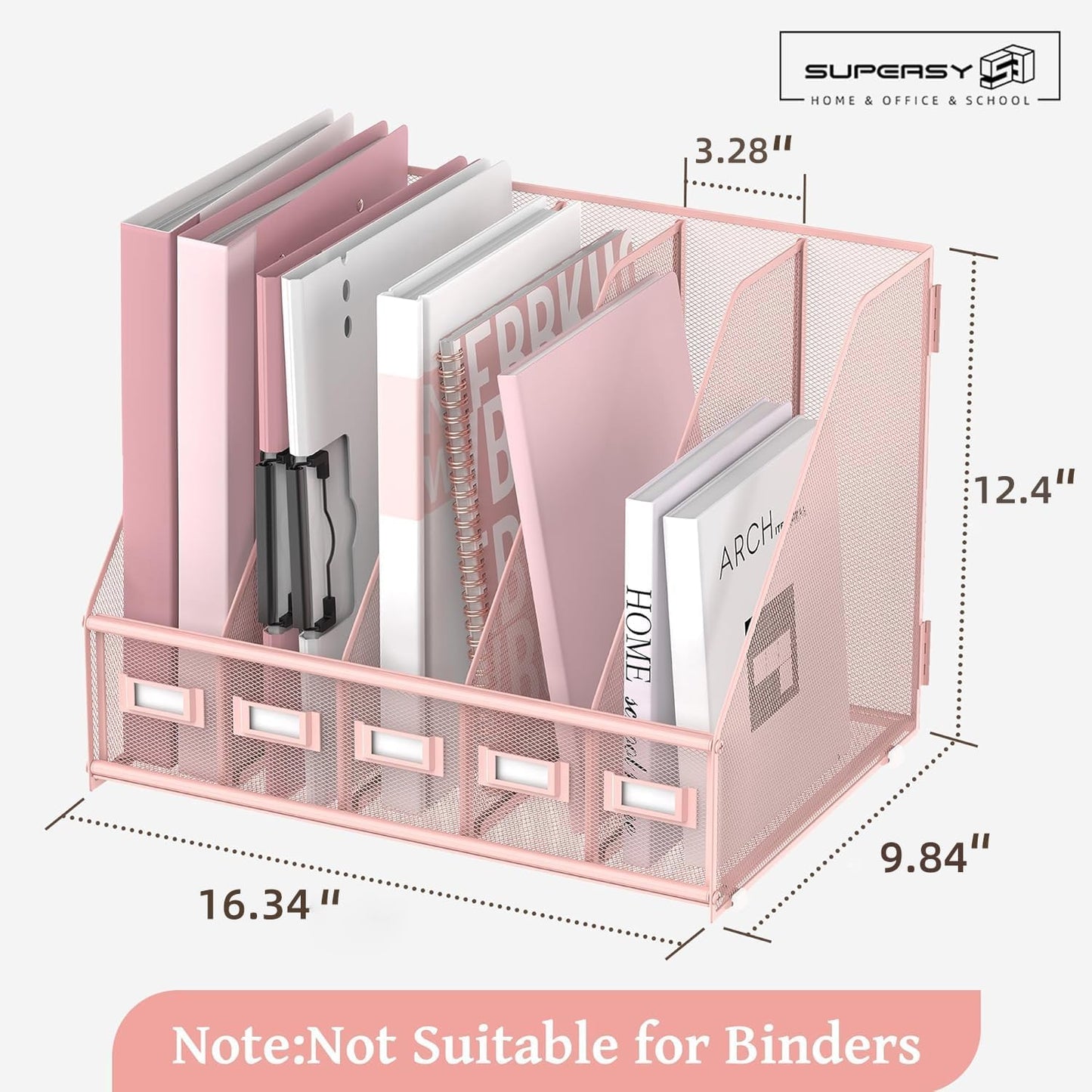 SUPEASY Desk Organizers Metal Desk Magazine File Holder with 5 Vertical Compartments Rack File Organizer for Office Desktop, Classroom, Home Workspace, Black