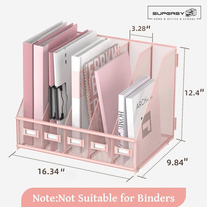 SUPEASY Desk Organizers Metal Desk Magazine File Holder with 5 Vertical Compartments Rack File Organizer for Office Desktop, Classroom, Home Workspace, Black