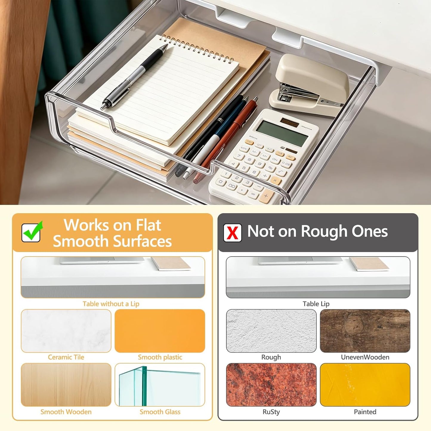 Under Desk Storage Drawers Self-Adhesive Easy Hidden Desktop Organizer, Attachable Clear Acrylic Storage Tray Under Table Drawer for Home Office School Counters Workstation, 2 Pack