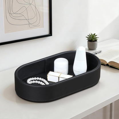 Oval Desk Valet Tray, PU Leather Perfume Dish Bowl for Keys Wallet Watch, Decorative Trinket Vanity Jewelry Tray, Entryway Nightstand Organizer Women Men (Black)