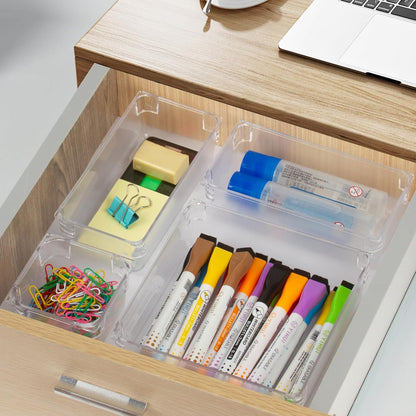 AMEITECH 7 PCS Clear Drawer Organizer Set, 4 Sizes Acrylic Drawer Storage Trays, Plastic Desk Drawer Organizer for Office, Storage Bins for Makeup, Vanity, Bedroom, Kitchen Gadgets Utensils