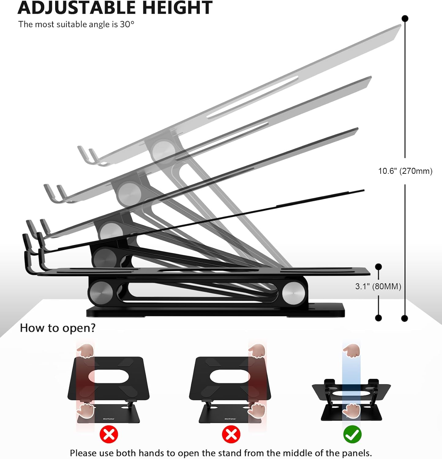 BoYata Laptop Stand, Adjustable Multi-Angle Laptop Holder, Compatible for Laptops up to 17 inches, Sturdy Aluminum & Silicone, Silver