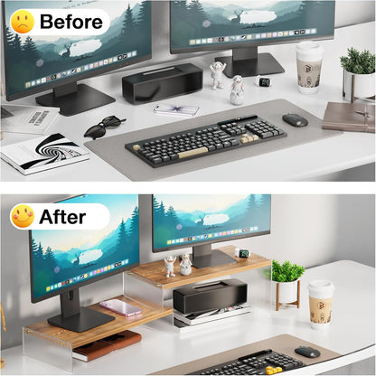 YGYQZ Adjustable Monitor Stand Riser with Acrylic Legs丨7.67" Wide Dual Monitor Stand for Desk丨2-Tier Wood Desktop Organizer for Computer, Laptop, Printer & PC丨Modern Aesthetic Desk Shelf(wood-flat)