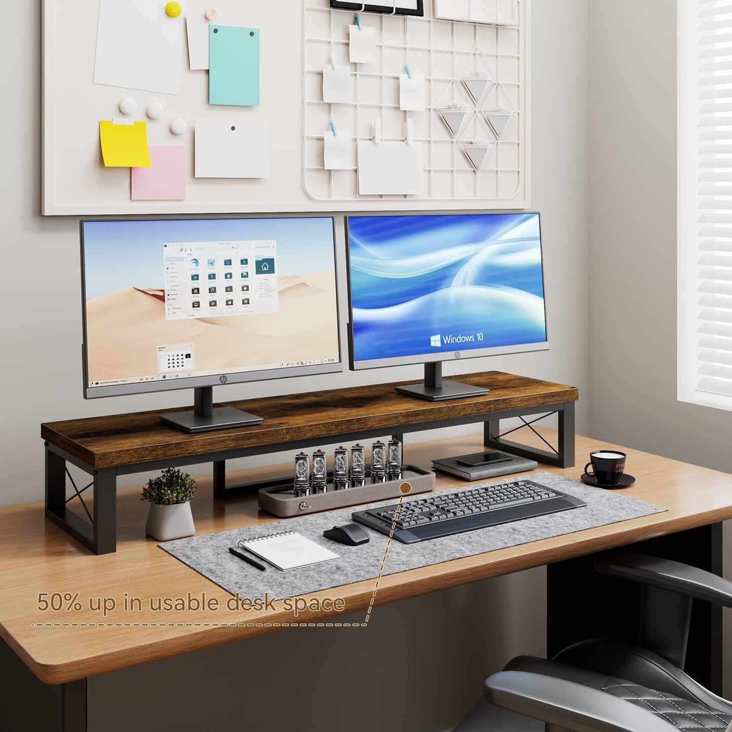IBUYKE Large Dual Monitor Stand Riser for 2 Monitors, Wooden Desktop Computer Monitor Stand Storage Shelf and Steel Legs,Dual Screen Office Desk,Monitor Riser for Computer, Printer,Laptop,TV,Black UTDJ002B