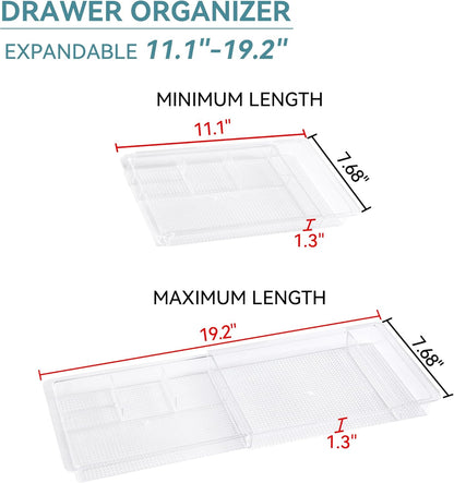 Oubonun Expandable Drawer Organizer 11.1” to 19.2” Width, Shallow Cosmetic Organizer 1.3” Height, 2 Packs, Clear Plastic Storage Trays for Dressing Table,Bathroom