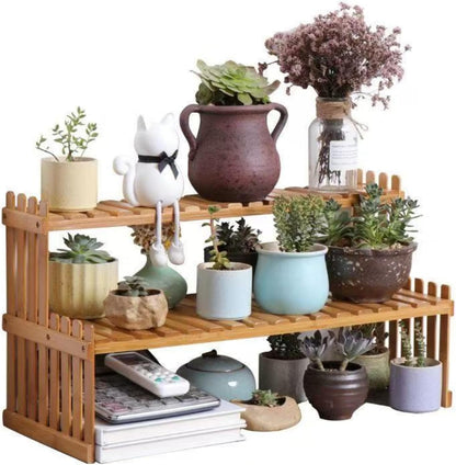GURECOD 14.6"/18.5" 2 Tiers Bamboo Plant Stand Shelf,Desk Flower Pot Holder,Adjustable Desktop Shelf Display Organizer Ladder Rack for Office Decorate Storage Rack,Kitchen Rack (14.6" Length)