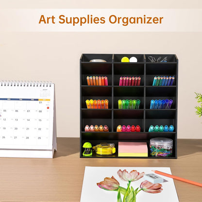 BEYGORM Acrylic Vertical Marker Organizer for 150 Markers with 13 Compartments, Clear Angled Pen & Pencil Holder, Large Desk Stationery & Art Supply Storage for Office & School (10.2 x 9.8 x 4 Inch)