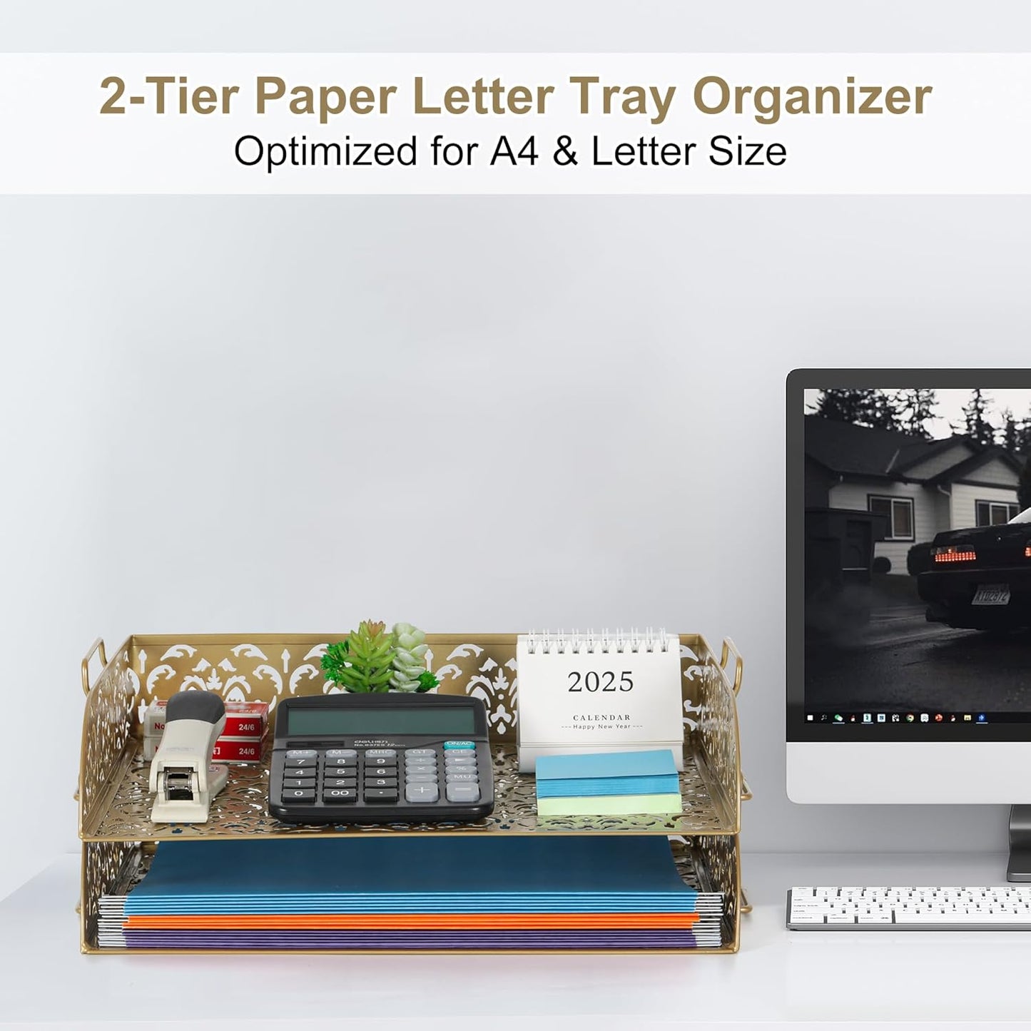 EasyPAG Paper Organizer for Desk 2 Tier Stackable Paper Tray for A4 Legal Size Folders Metal File Storage Desktop Organizer for Home Office School Teacher, Black