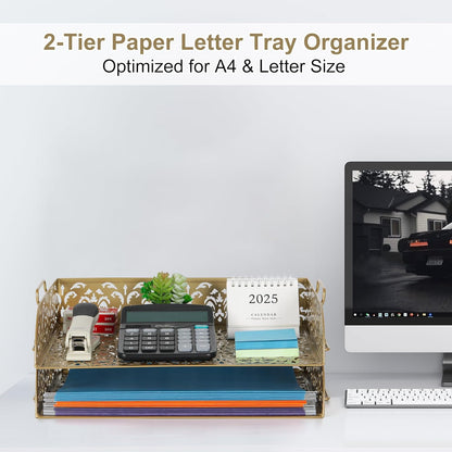 EasyPAG Paper Organizer for Desk 2 Tier Stackable Paper Tray for A4 Legal Size Folders Metal File Storage Desktop Organizer for Home Office School Teacher, Black