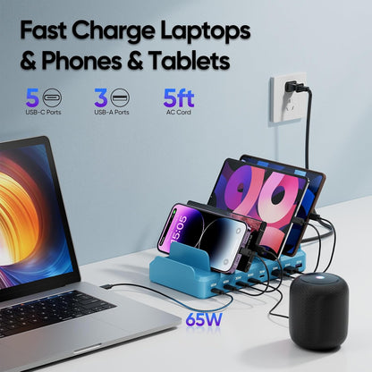 300W Charging Station for Multiple Devices, 8 Port Multi USB C Fast Charger Station Dock for MacBook iPhone 17/16/15/14/13/12 Samsung Pixel Series iPad, Black (6 Mixed Short Cables Included)