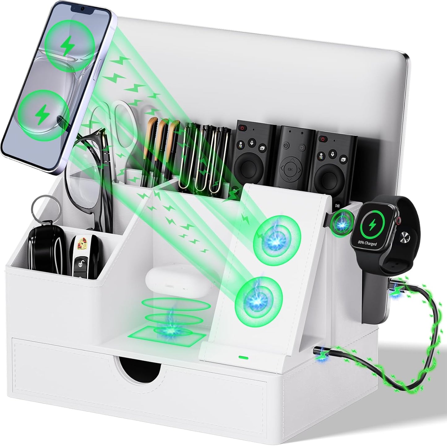 Black PU Leather Multi-Device Charging Station with Drawer - 6-in-1 Desktop Organizer for Phone, iPad, Tablet, Laptop, Watch, Headphones - Electronics Docking Hub & Storage Box for Office Home (Black)
