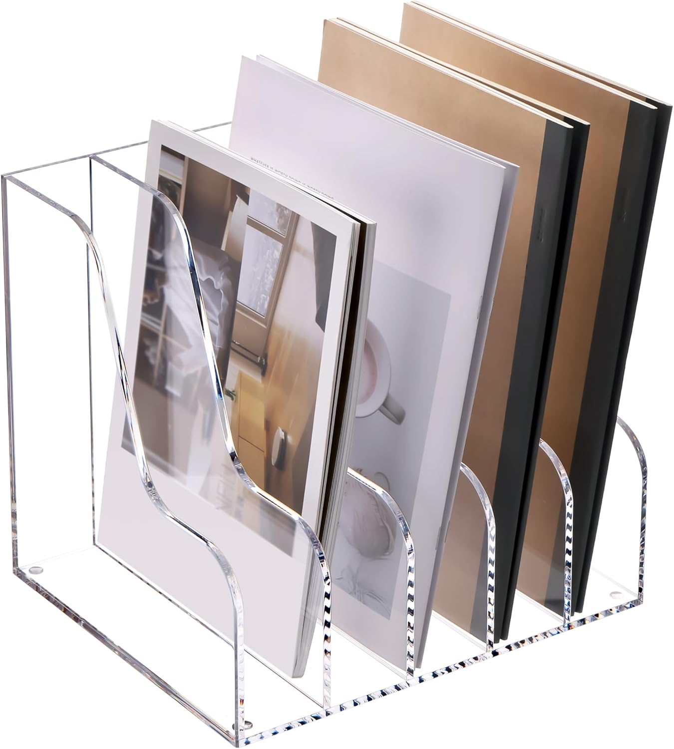 SANRUI Acrylic File Organizer, Clear Magazine File Holder Desk Organizer for Office Organization and Storage with 5 Vertical Compartments, Desktop Bookshelf for Home Office Organization