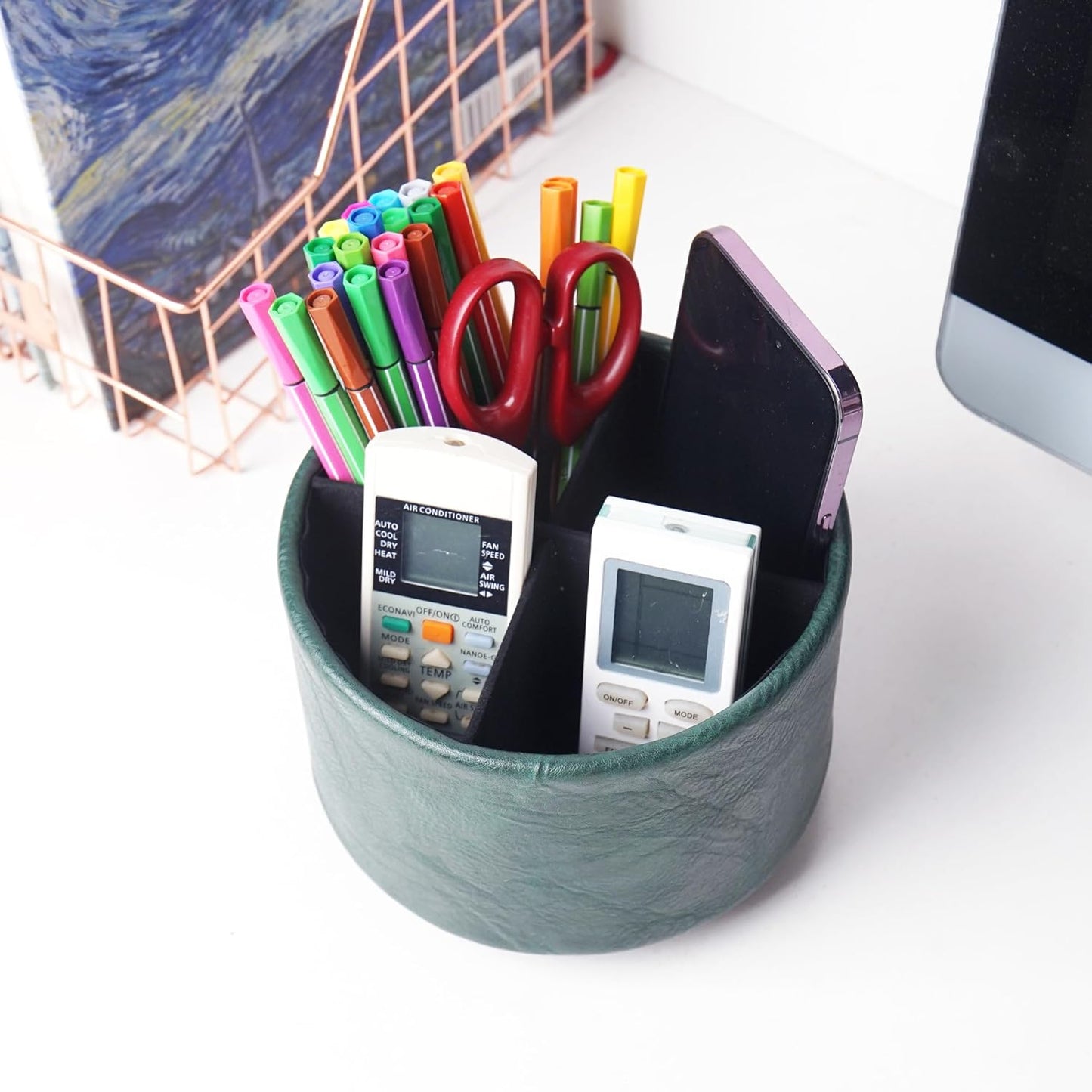 Hennaja Round Leather Art Supply Organizer,Remote Control Holder,360 Degree Rotating,Multi-Functional Pencil Holder,4 Compartments Desktop Stationary Organizer(1-Blue Bird) - Colors A
