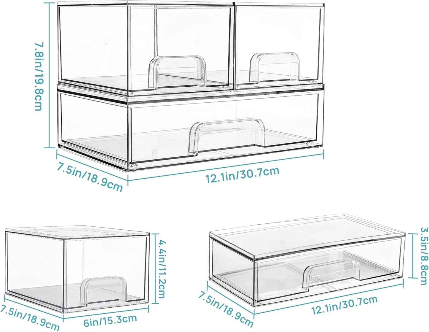 Vtopmart Stackable Storage Drawers Set of 4, Clear Plastic Organizer Bins for Bathroom Supplies,Ideal for Cabinet,Pantry,Laundry Room Organization