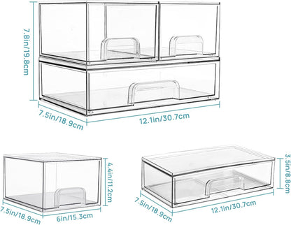 Vtopmart Stackable Storage Drawers Set of 4, Clear Plastic Organizer Bins for Bathroom Supplies,Ideal for Cabinet,Pantry,Laundry Room Organization