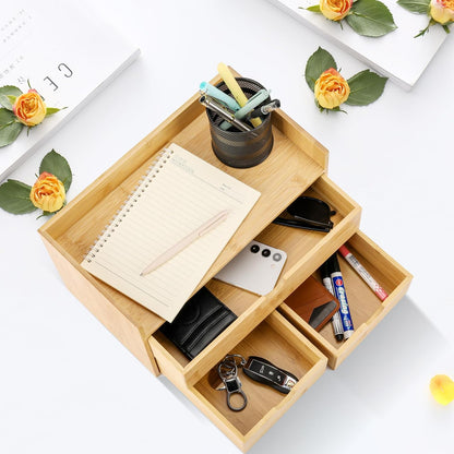 Charmewooden Bamboo Desk Organizer With Drawers Countertop Drawers Counter Storage Box Corner Desk Organizer for Home Office No Assembly Required (2 Drawers)