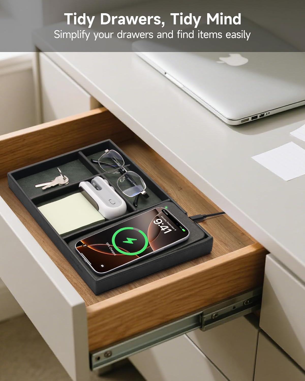 Valet Tray, Built in Wireless Charging Pad, Nightstand Organizer, Dresser Organizer, Mens Jewelry Box, Valet Charging Station, Faux Leather Valet Tray for Men and Women, (Black)