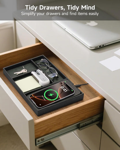 Valet Tray, Built in Wireless Charging Pad, Nightstand Organizer, Dresser Organizer, Mens Jewelry Box, Valet Charging Station, Faux Leather Valet Tray for Men and Women, (Black)
