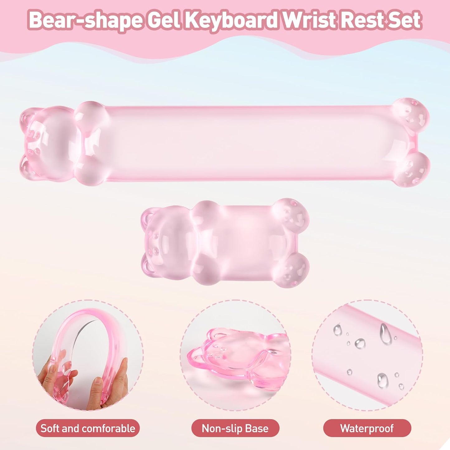 Gel Keyboard and Mouse Wrist Rest Set – Clear Wrist Rest for Computer Keyboard 60%/68%/75%, Comfort & Support for Typing and Gaming(Cute Pink Bear)