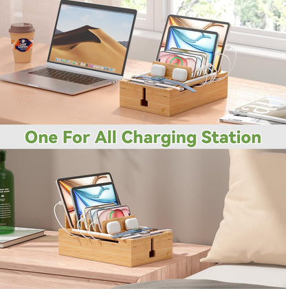 Pezin & Hulin Bamboo Charging Station for Multiple Devices, USB Charger Dock Organizer, with Power Supply (10 Ports HUB), 6 Cables, Cable Management Organizer for Cell Phones, Tablets -Natural+White