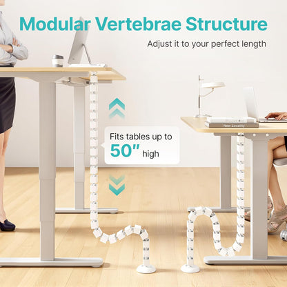 PEGZONE Under Desk Cable Management Spine – Flexible Cable Snake Organizer for Standing Desk, Tool-Free Magnetic Vertebrae Wire Management for 0.4"-2" Table, White