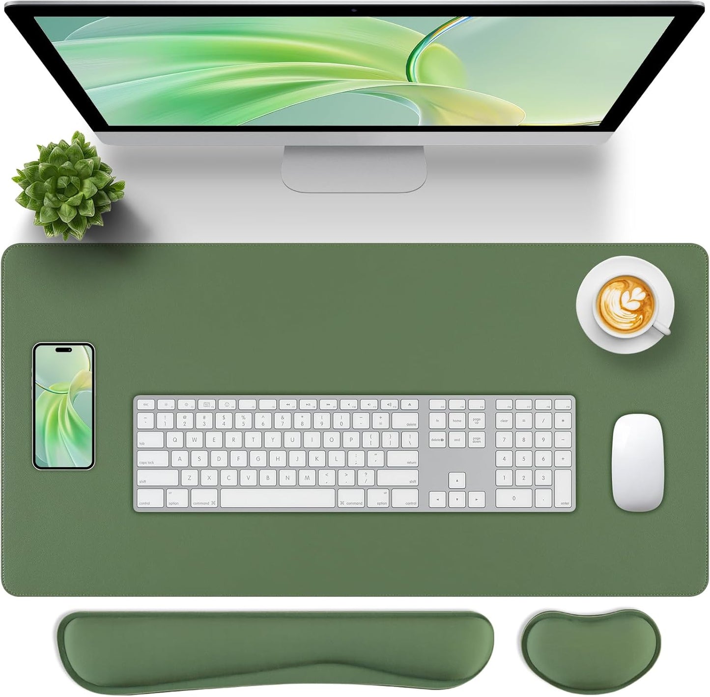 Green Desk Pad and Keyboard Wrist Rest, 3in1 Mousepad + Keyboard Wrist Rest+Mouse Wrist Rest for Home Office Table Computer Cover. (31.5×15.7,Green)