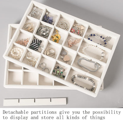Coward Stackable Jewelry Trays Organizer Set with Clear Lid, Trays for Drawer, Earring Necklace Bracelet Ring Display Organizer (beige(ring+12girds+30girds+The glass lid))