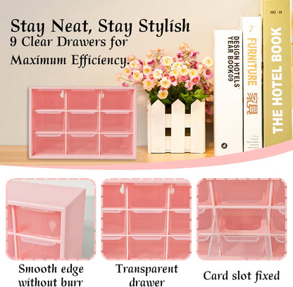 Small Drawer Organizer for Desk, 7.1" x 3.8" x 4.6" Mini Desktop Drawer Organizer with 9 Clear Drawers, Compact Craft & Office Supplies Organizer for Home School (Pink)