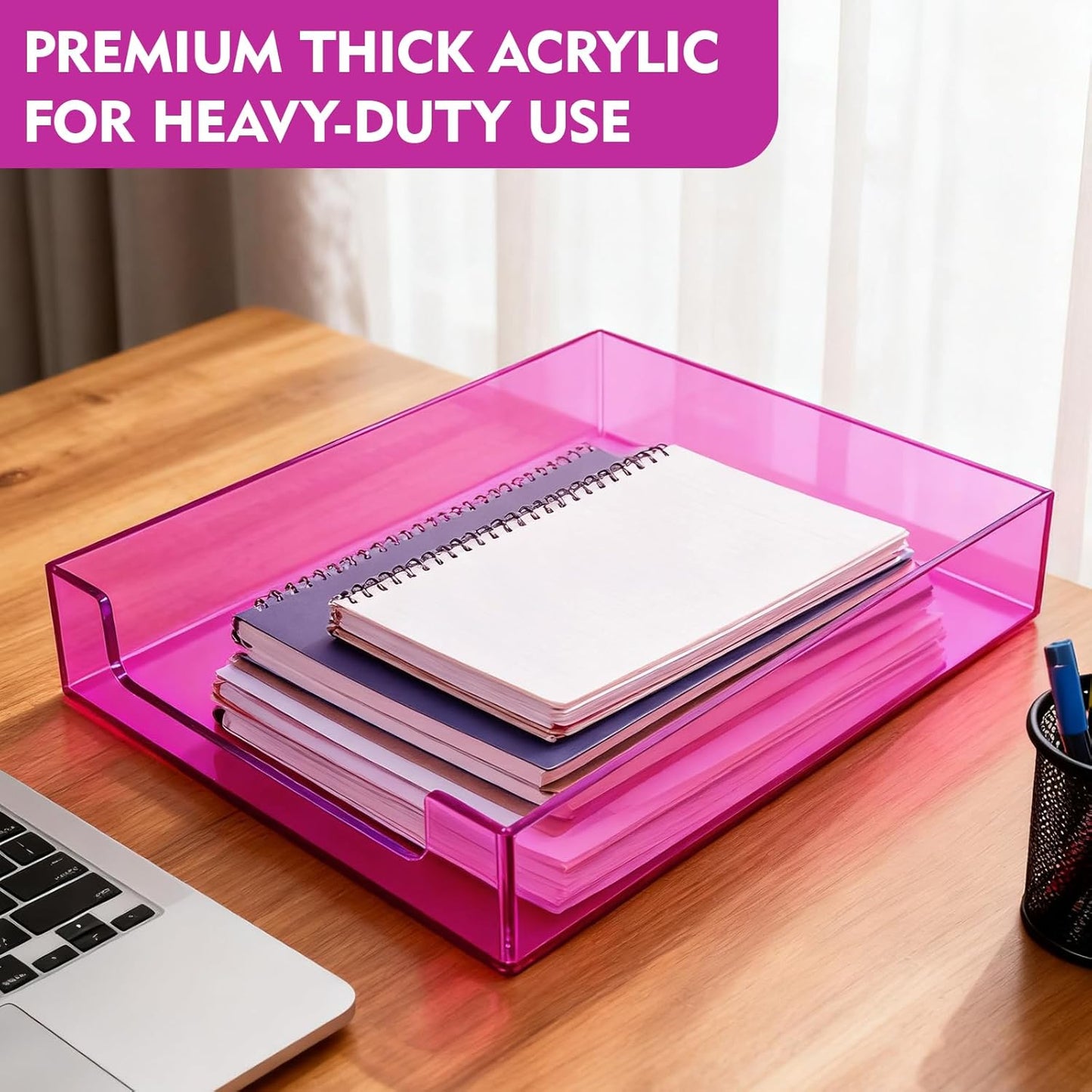 Paper Tray Acrylic File Organizer for Desk Letter Tray Desk Organizer Document Holder Sorter Storage for A4 Office Supplies Magazines, 13.8x10.6x2.4 Inches, Neon Pink