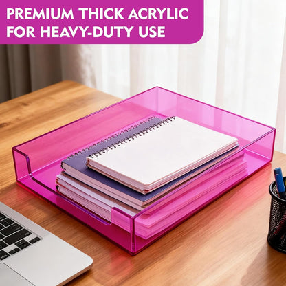 Paper Tray Acrylic File Organizer for Desk Letter Tray Desk Organizer Document Holder Sorter Storage for A4 Office Supplies Magazines, 13.8x10.6x2.4 Inches, Neon Pink