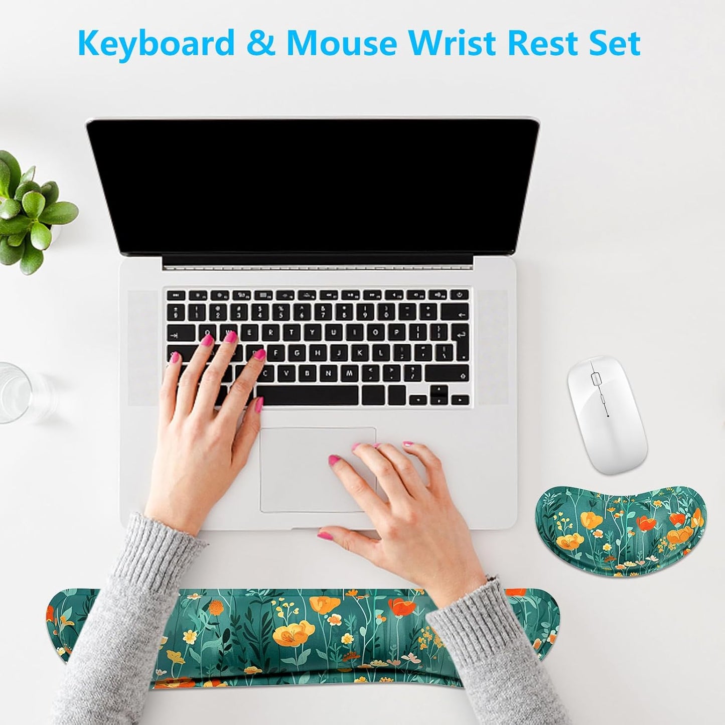 Dapesuom Enlarge Keyboard Wrist Rest, Memory Foam Wrist Cushion for Desk Mats Support, Cute Pain Relief Keyboard Mouse Pad Rests Set with Non-Slip Base for Gaming Laptop Office Computer, Green Leaf