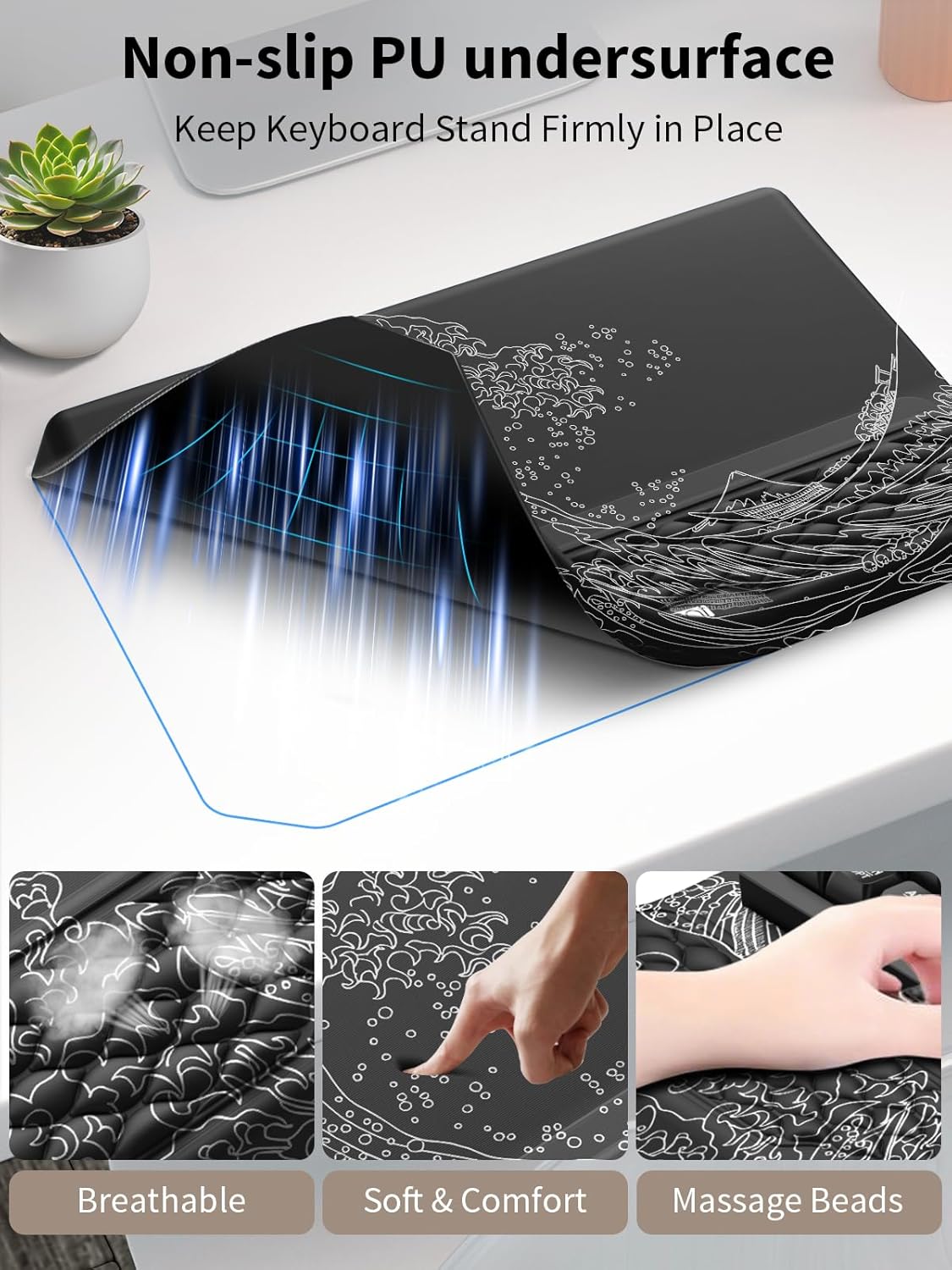 3-in-1 Ergonomic Keyboard Stand with Wrist Rest & Mouse Pad Set, Comfy Keyboard Riser Holder Soft Mousepad with Massage Design, Memory Foam and Non-Slip PU Base for Pain Relief, Black
