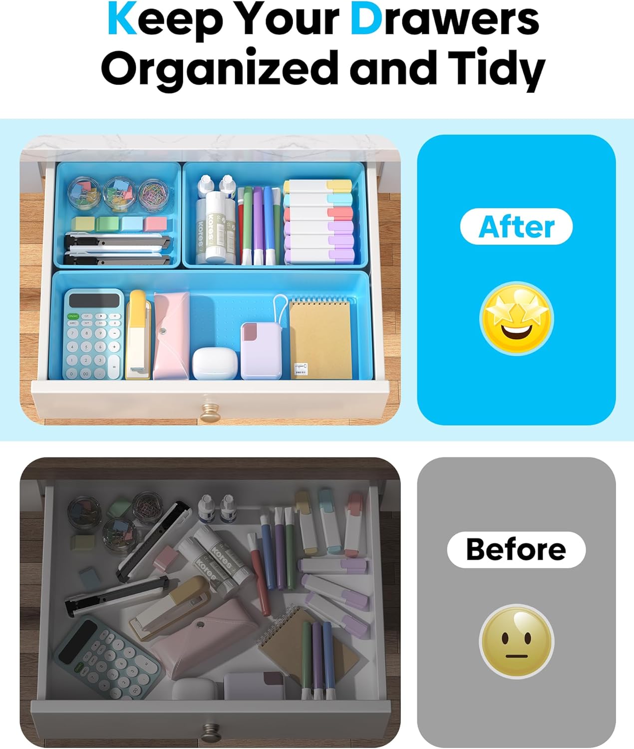 10 Pack Large Size Plastic Drawer Organizers Set, 3 Sizes Desk Drawer Organizer Trays, Storage Bins for Vanity, Makeup, Bathroom, Kitchen Utensils and Office (Black)