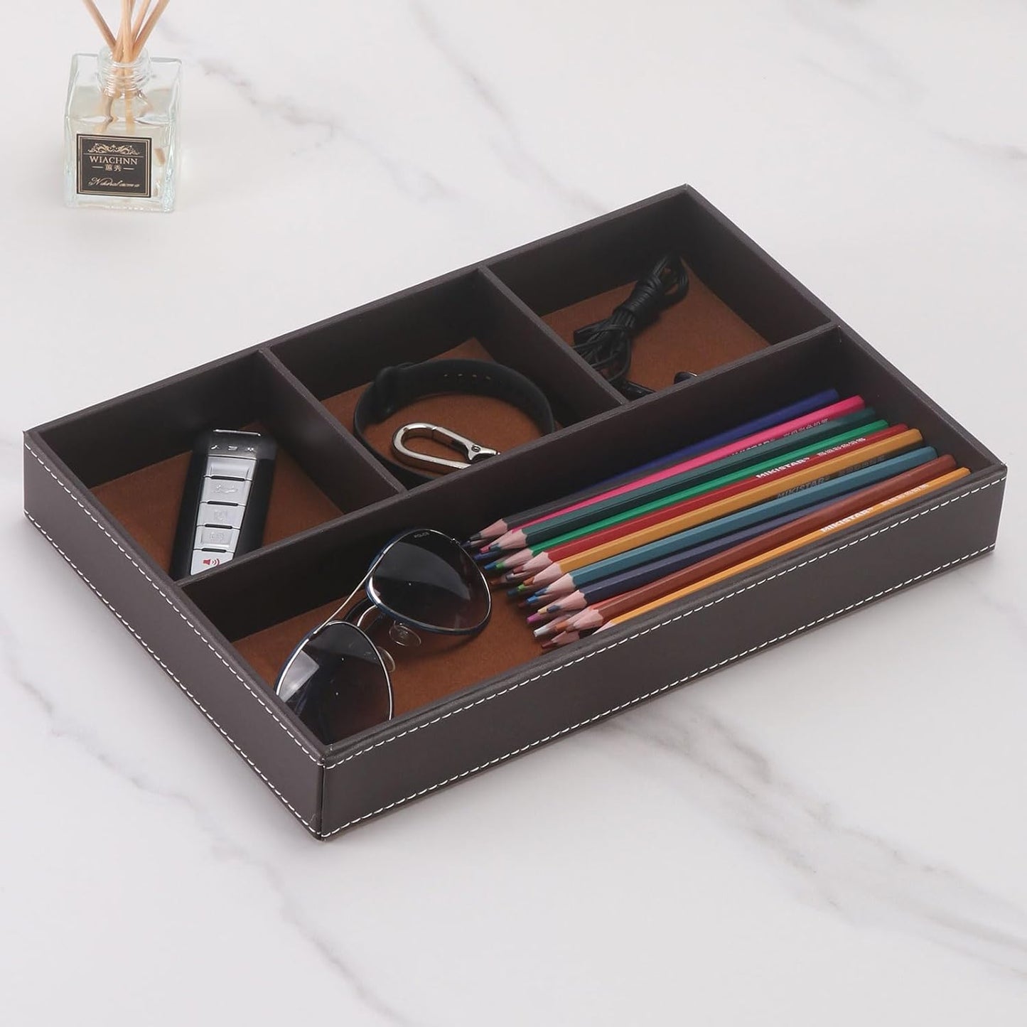 Desktop Glove Box, Nightstand or Dresser Organizer, Valet Tray, Entry Table Organizer, Dresser Storage Box,PU Leather Drawer Storage Decorative Trays.