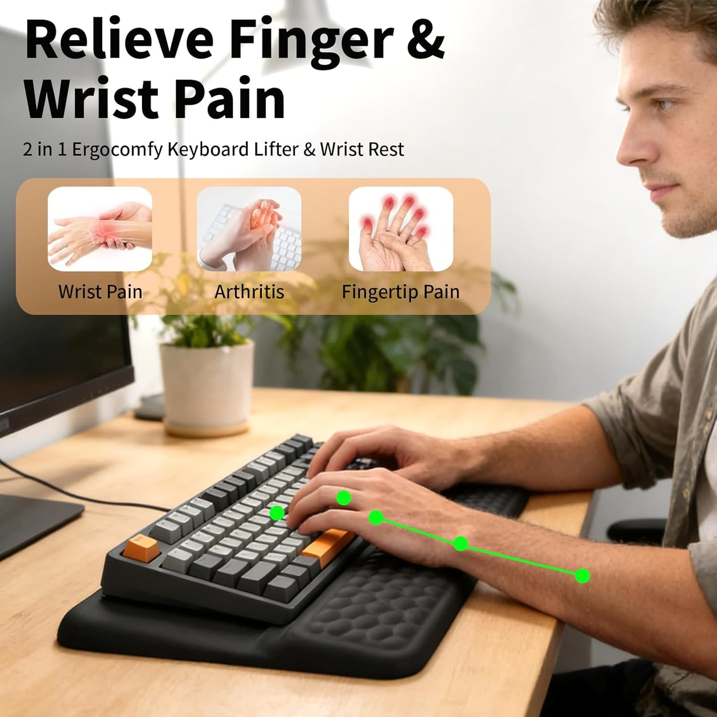 Wrist Rest with Keyboard Stand, Computer Wrist Support Pad, Ergonomic Keyboard Riser Hand Rest Soft Memory Foam Cushion Holder Gaming Typing Desk Accessories for Office Home School（Black）