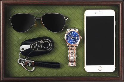 Zosenley Wooden Valet Tray with Leather Base - Nightstand Catchall Organizer for Cologne, Perfume, Keys, Wallet, Phone, Watch, Jewelry & Sunglasses (Black)