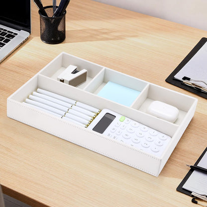 KINGFOM Pu Leather Desk Organizer Tray, 4 Compartment Office Storage Supplies Stationery Drawer Tray, Nightstand Bedside Tray for Key, Wallet, Watch, Coin, Phone Valet Tray Stackable