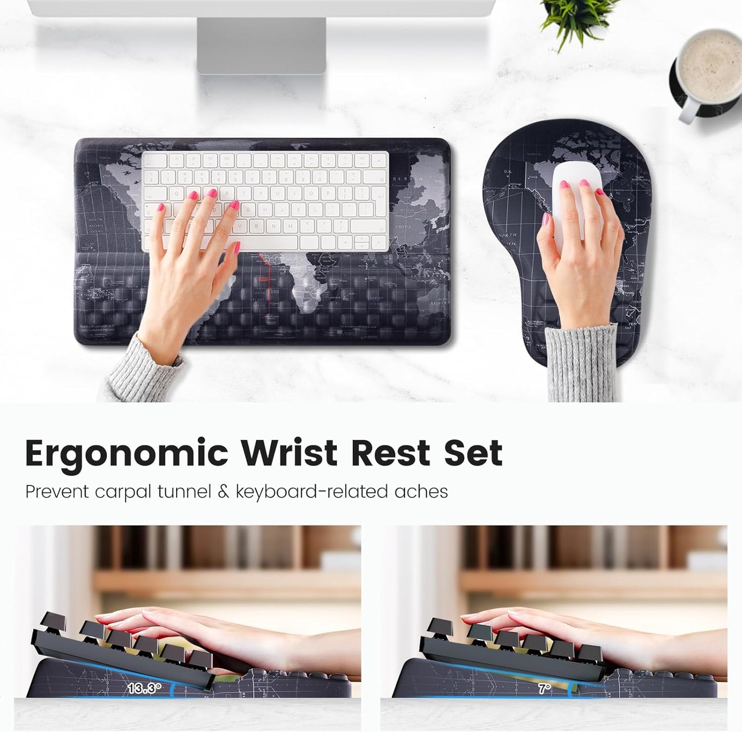 Ospelelf Ergonomic Mouse Pad and Keyboard Stand Wrist Rest Set, Memory Foam Comfort, Pain Relief for Typing, Office Desk Accessories, Moonlit Blossoms
