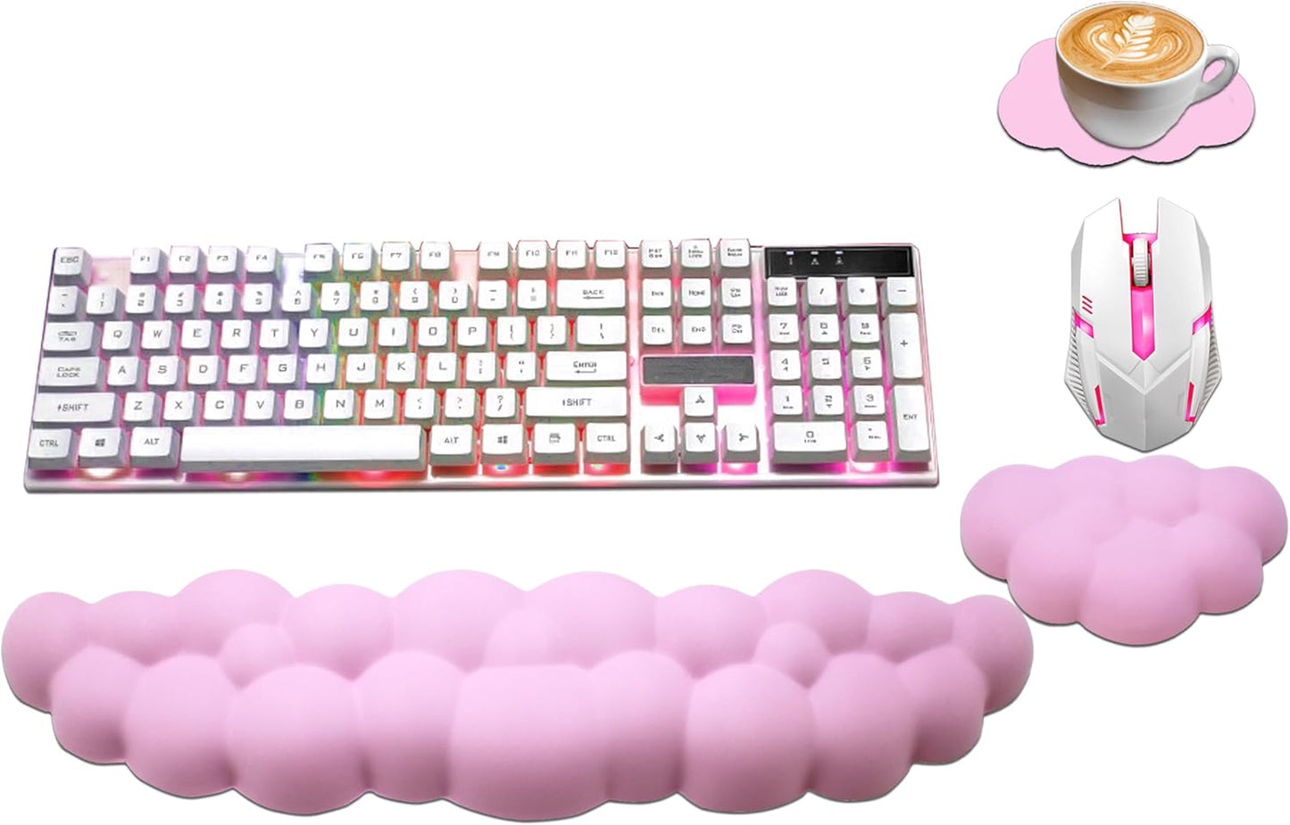 Ergonomic Keyboard Wrist Rest, PU Leather Memory Foam Cloud Wrist Rest for Computer Keyboard, Mouse Wrist Rest and Keyboard Pad for Gaming, Office, Computer, Laptop, Typing Pain Relief, Pastel Pink