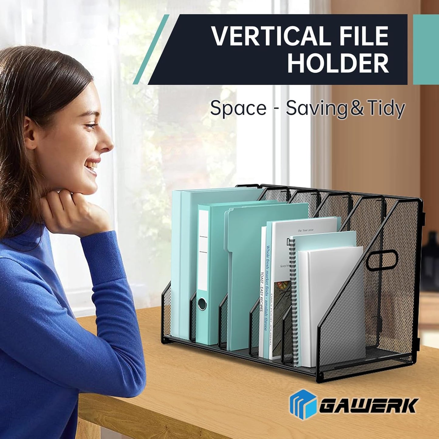Gawerk Desktop File Magazine Folder Holder 5 Vertical Compartments, Desk Organizer Vertical Magazine Folder Organize with Side Handles, for Office Home School, Black