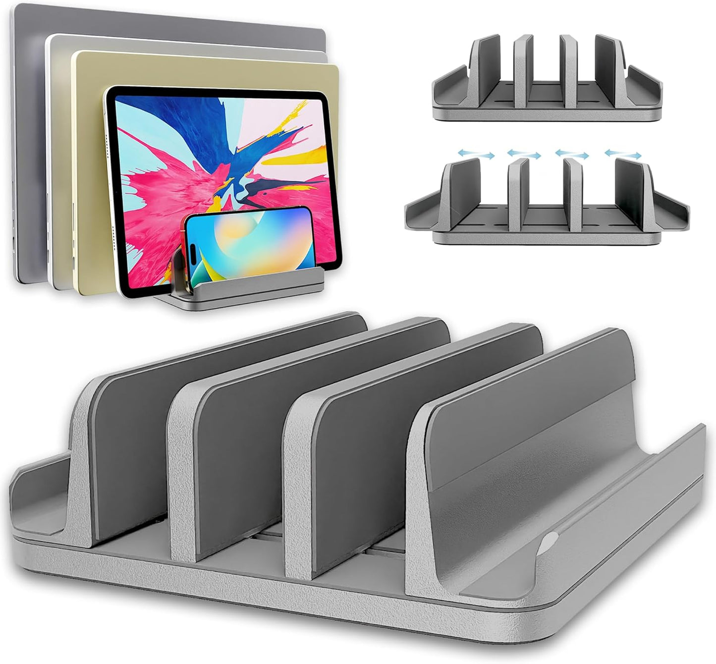 Adjustable Laptop Stand, 5 Slots, Aluminum Space-Saving, for Apple MacBook/Surface/Galaxy/Tablet/iPad/iPhone, Silver
