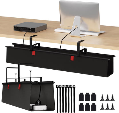 Under Desk Cable Management Tray - 36" Cord Organizer for Desk No Drill, Fabric Under Table Wire Organizer with 16X Cable Ties Hide for Office/Home, Cord Hider Fits Adapters & Sockets, White