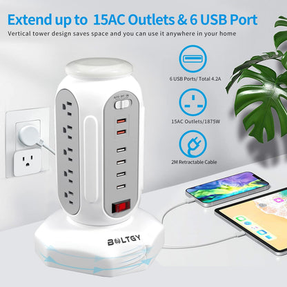 Flat Plug Total Fast Charging Station, Protector with 15 AC Outlets and 6 USB Ports (2 Fast Charge), Tower Surge Protector Power Strip, 6.5FT Extension Cord for Home Office Dorm Room.