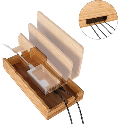 Bamboo Wood Multi-Device Desktop Dock Station Charger Holder Charging Cradle Charge Stand Compatible for iPhone 16 15 14 13 12 11 Pro Max XS XR X iPad 3 4 Mini Pro Air Samsung Huawei Smartphones