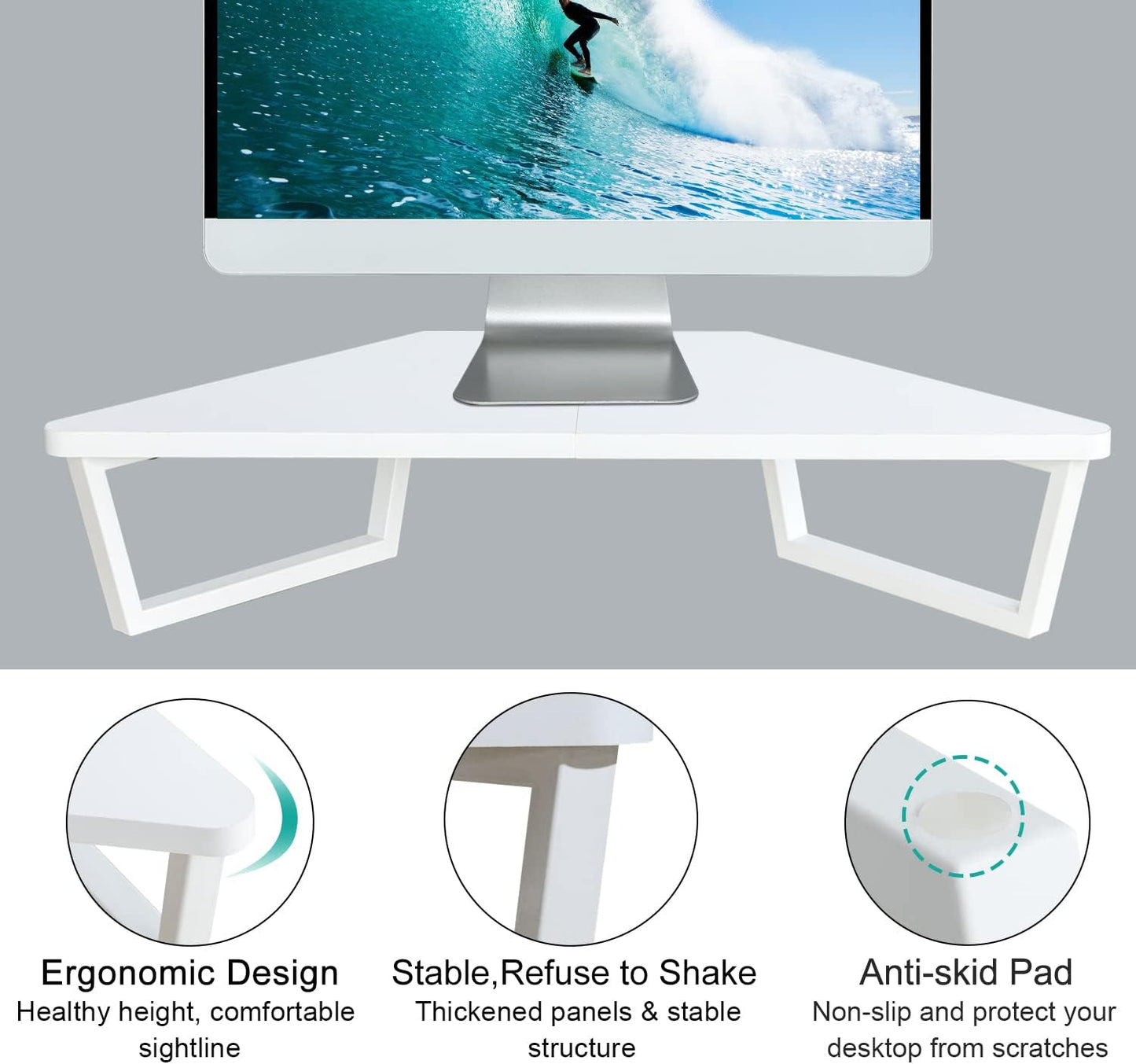 TEAMIX 26 inch Triangle Monitor Stand Riser, Desktop Corner Shelf with Metal Leg Wood Computer Stand with Storage Laptop Riser Office Organization